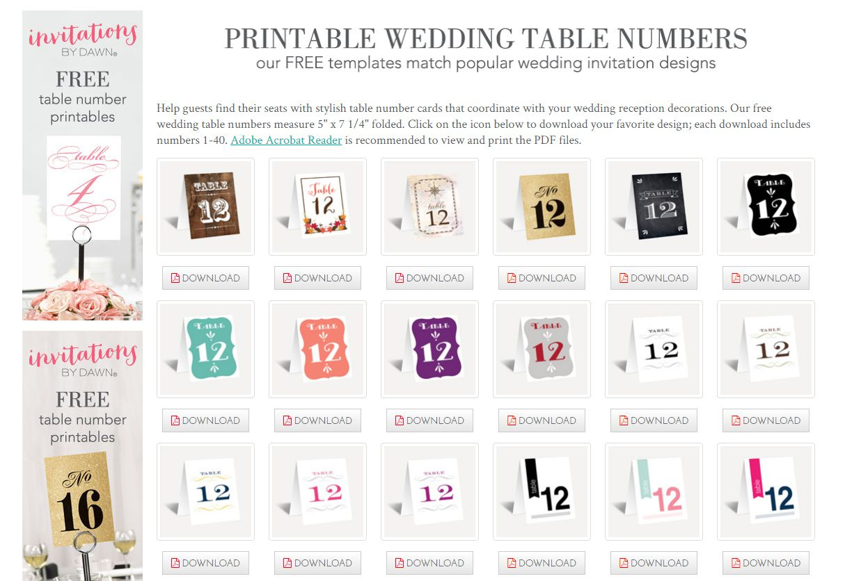 10 Sets Of Free, Printable Wedding Table Numbers with Template Free Printable Table Numbers 1-40