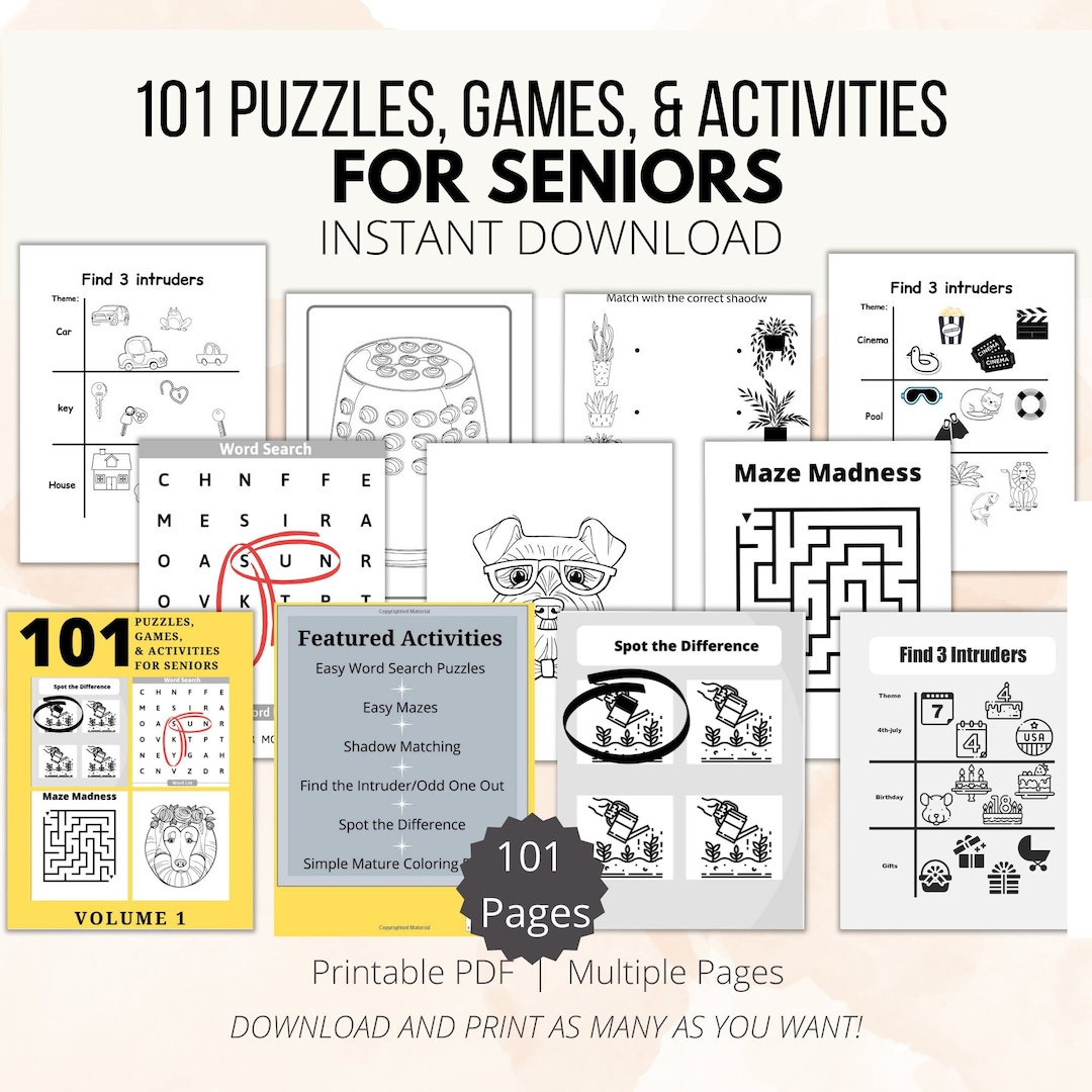 101 Puzzles Activities For Seniors Large Print, Fun, Easy Activities, For Those With Alzheimers, Dementia, Parkinsons, Memory Loss, Aging - Etsy in Free Printable Activities For Seniors