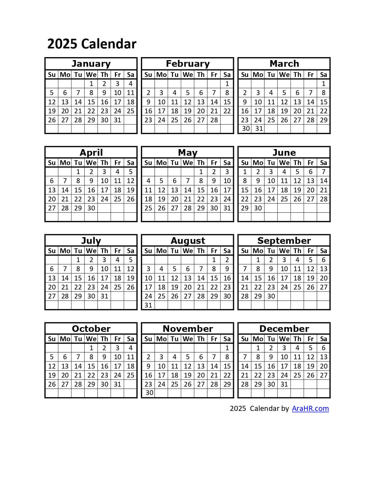 2025 Calendar - Yearly - Monthly - Free - Printable - Template intended for Free Printable Attendance Calendar 2025