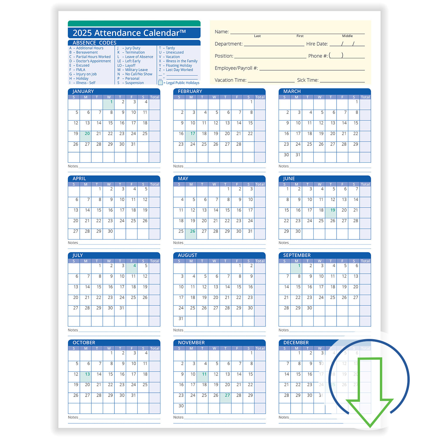 2025 Downloadable Employee Attendance Calendar | Hrdirect throughout Free Printable Attendance Calendar 2025