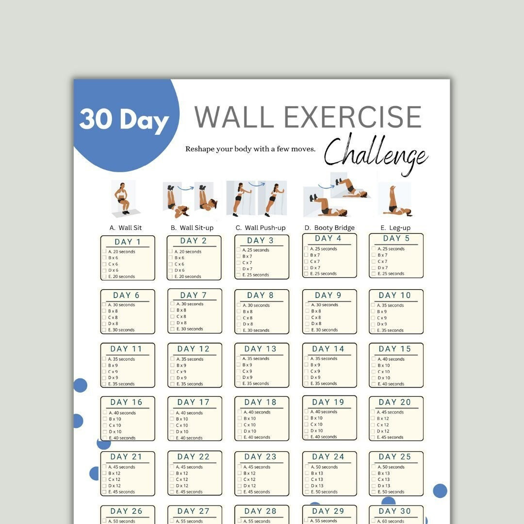 30 Day Wall Exercise Challenge Printable Wall Fitness Quick for Wall Pilates Chart Free Printable