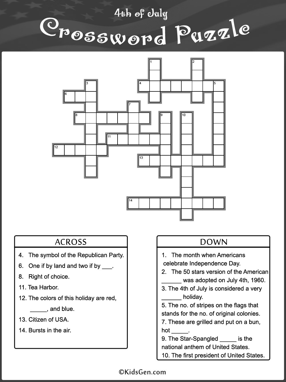 4Th Of July Black &amp;amp; White Crossword Template for 4Th July Crossword Puzzle Printables