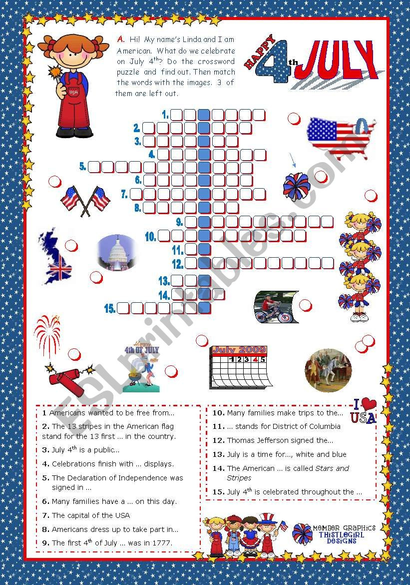 4Th Of July - Happy Birthday America! - Crossword Puzzle For for 4th July Crossword Puzzle Printables