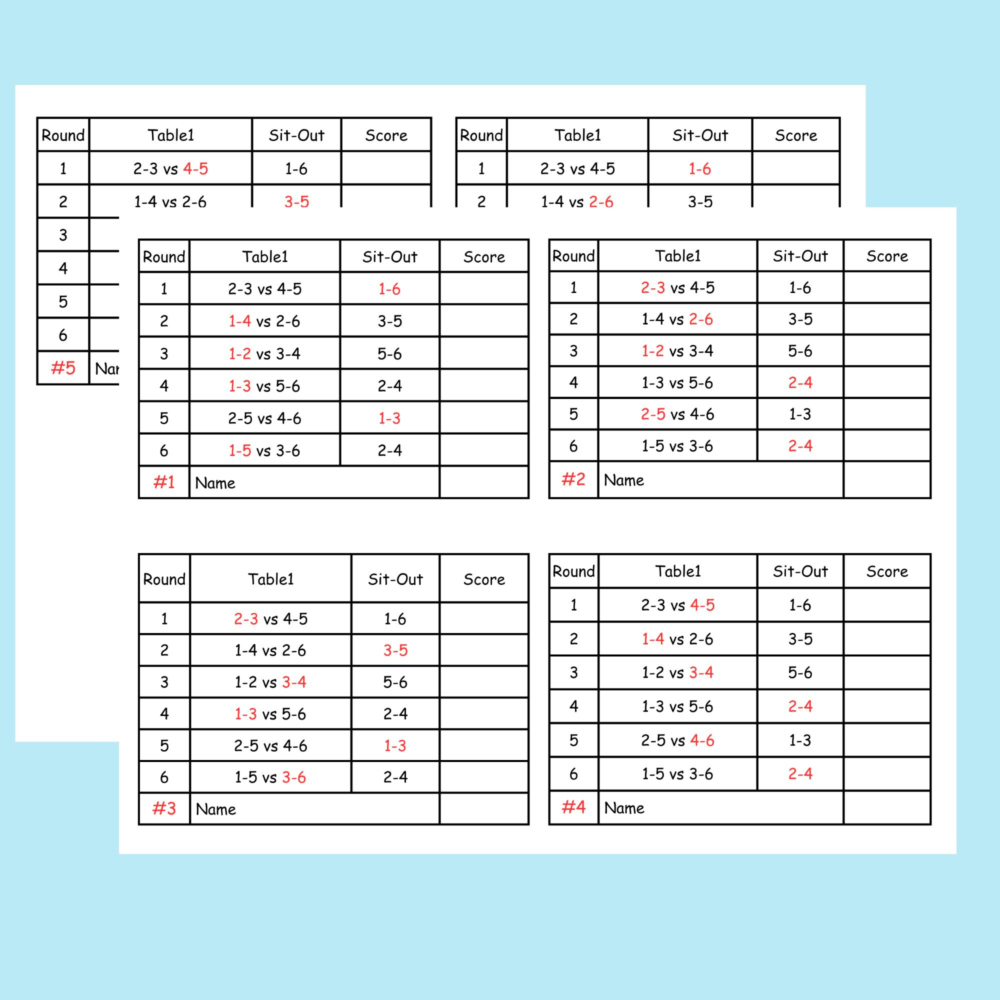 6 Person Euchre Tournament Rotation Score Sheet with Euchre Score Cards Free Printable