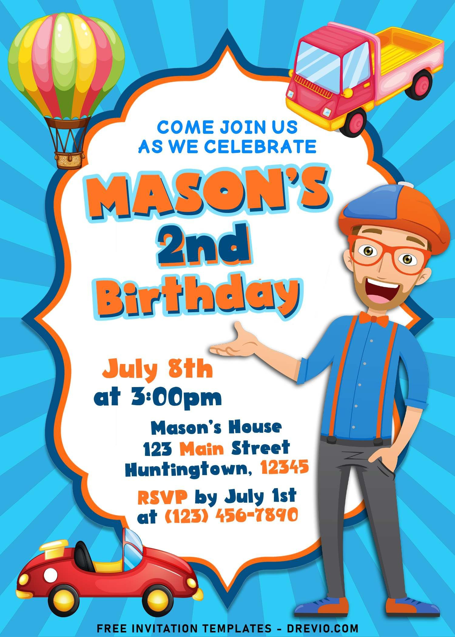 7+ Cheerful Blippi Kids Birthday Party Invitation Templates regarding Free Printable Blippi Birthday Invitations