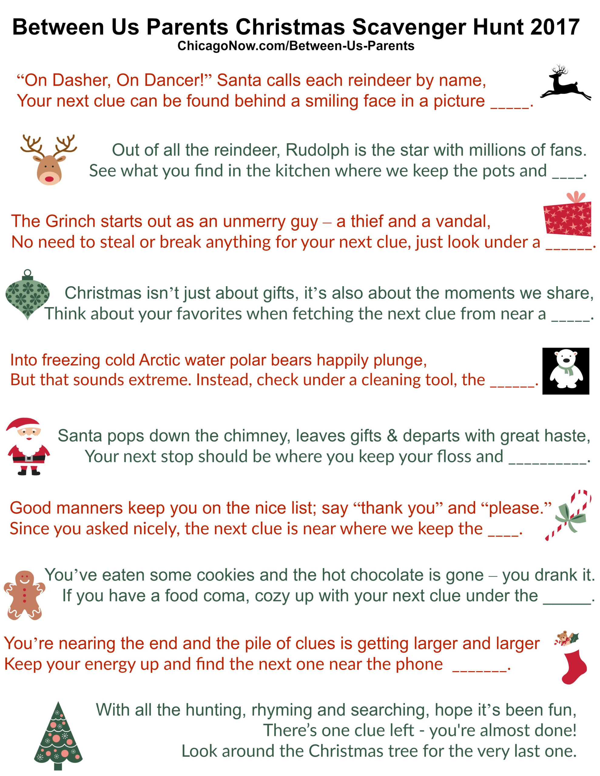 70 Printable Christmas Scavenger Hunt Clues intended for Free Printable Christmas Scavenger Hunt Rhyming Clues