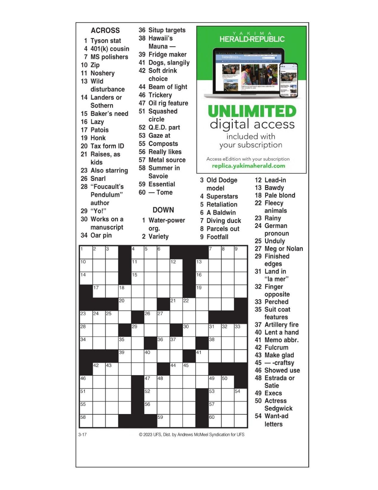 Am Crossword: March 17, 2023 | Crosswords | Yakimaherald within Oregonian Crossword Puzzle Printable