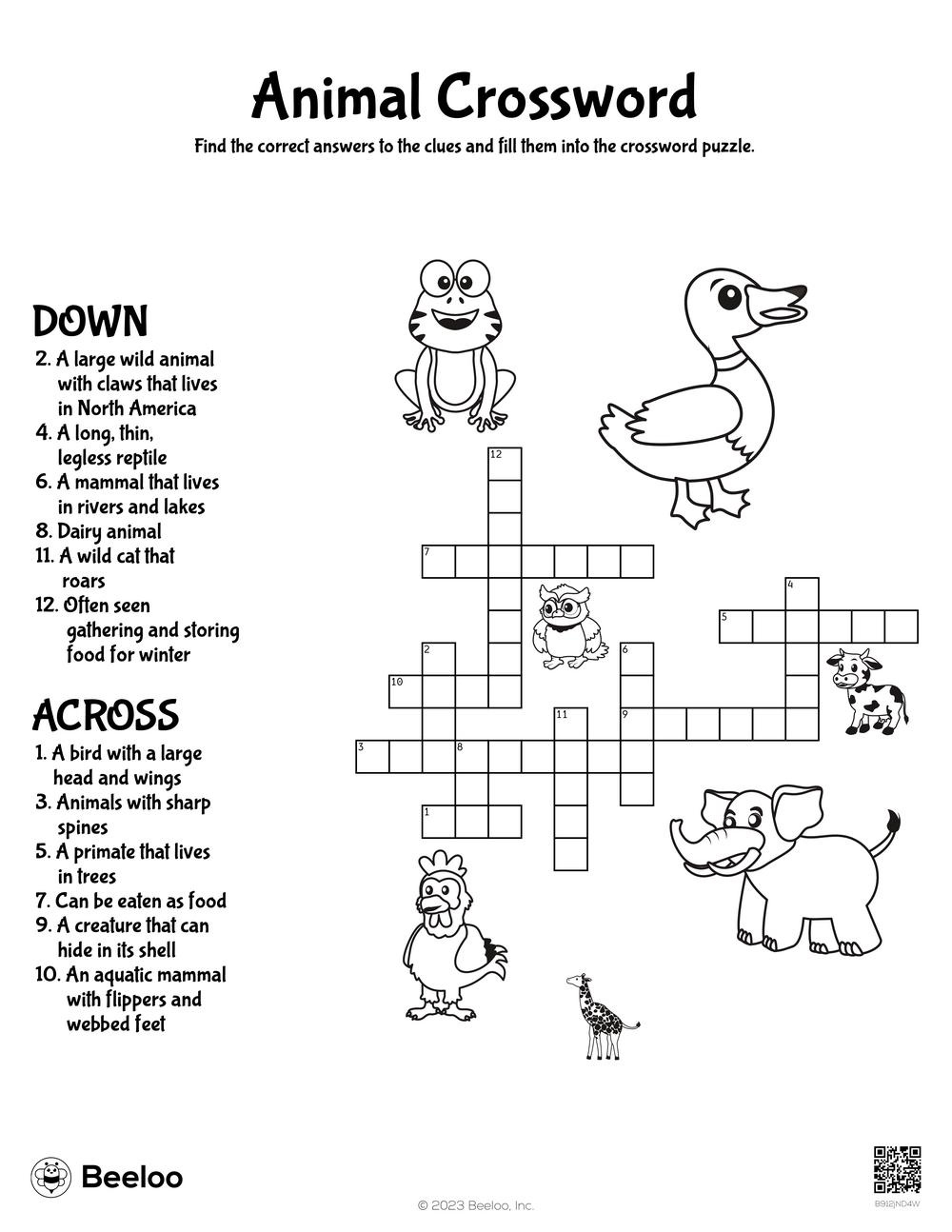 Animal Crossword • Beeloo Printable Crafts And Activities For Kids with Animal Crossword Puzzle Printable