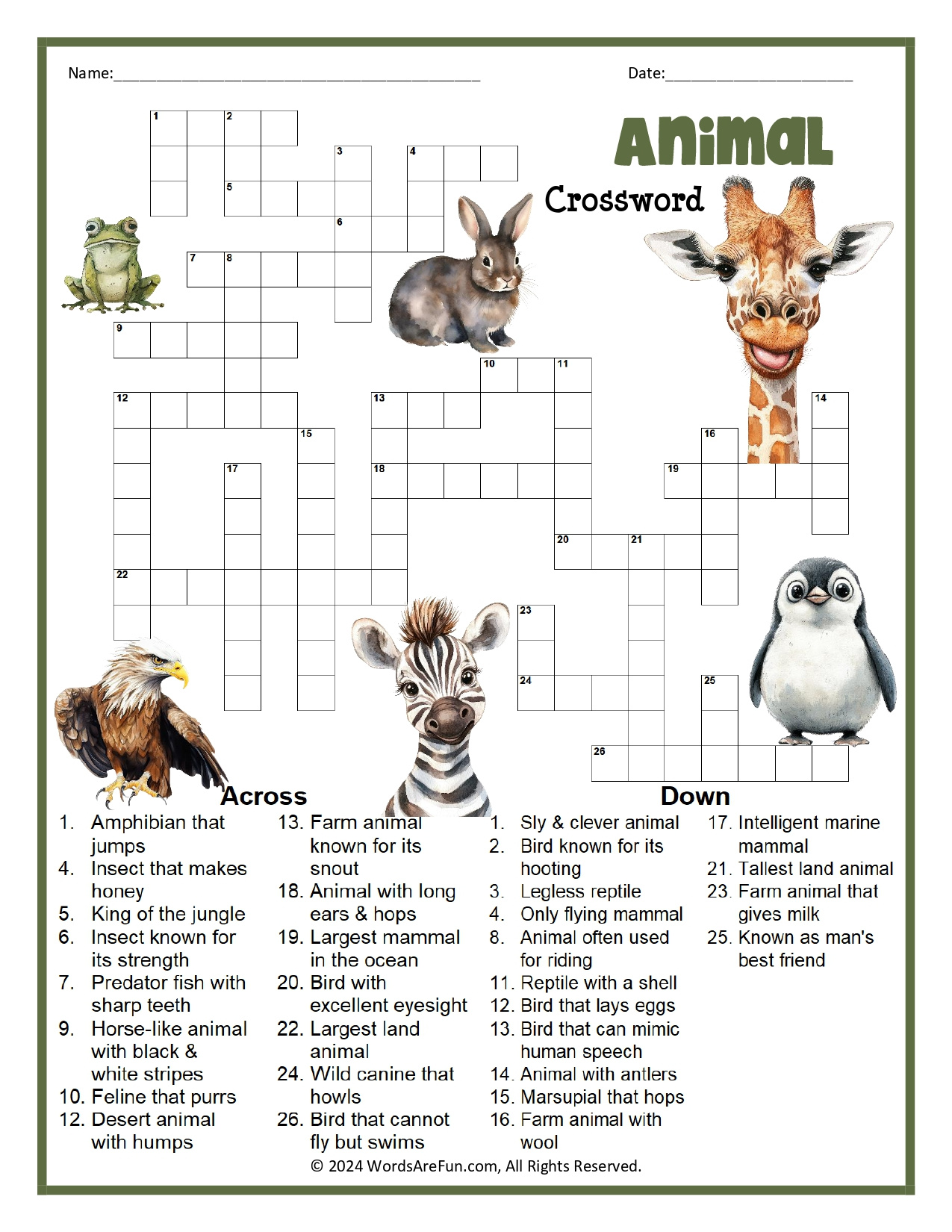 Animal Crossword Puzzle intended for Printable Animal Crosswords