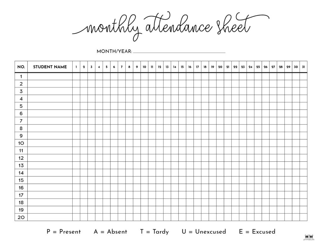 Attendance Sheets - 52 Free Printables | Printabulls within Free Printable Attendance Sheet For Teachers