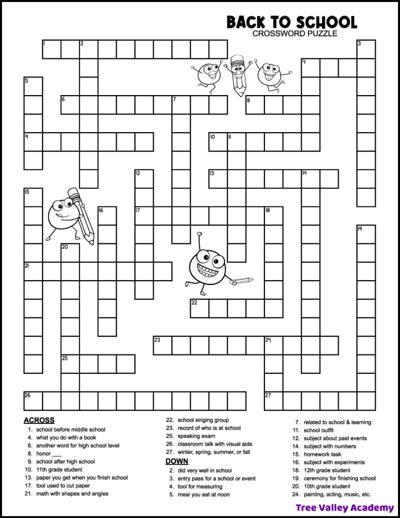 Back To School Crossword Middle School - Tree Valley Academy for Free Printable Crossword Puzzles For Teenagers