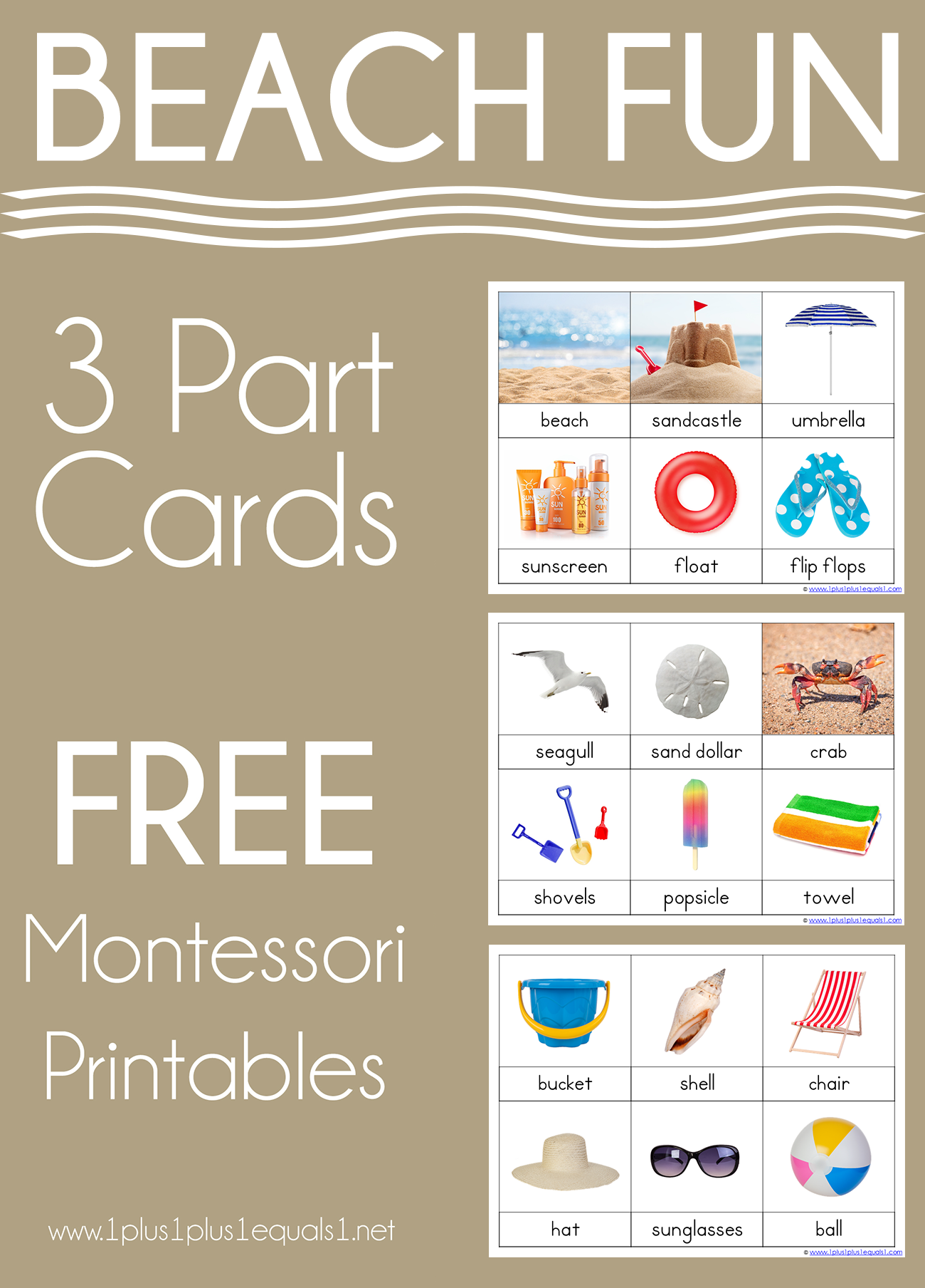 Beach Montessori Printables - Free 3 Part Cards - 1+1+1=1 with Montessori Worksheet Free Printable