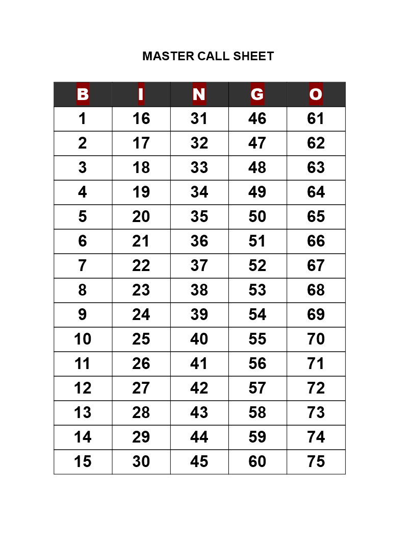 Bingo Call Sheet | Templates At Allbusinesstemplates with Free Printable Bingo Master Call Sheet