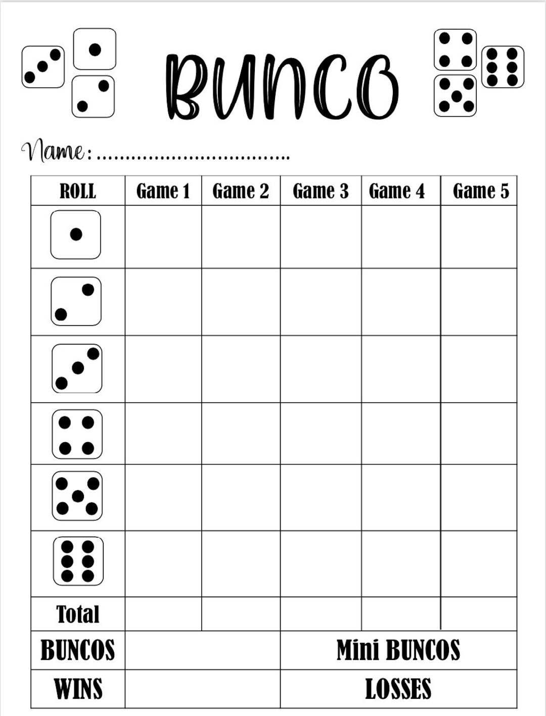 Bunco Score Card Bunco Scoresheet Bunco Score Pads Printable File for Free Printable Bunco Cards