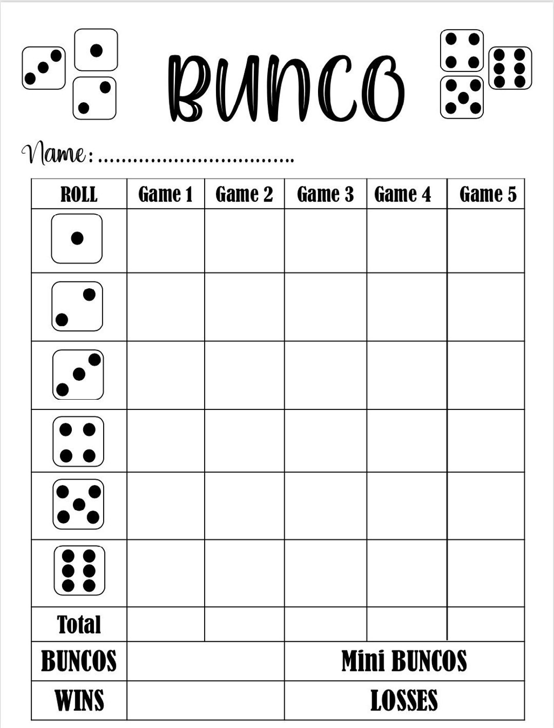 Bunco Score Card Bunco Scoresheet Bunco Score Pads Printable File in Bunco Sheets Printable Free