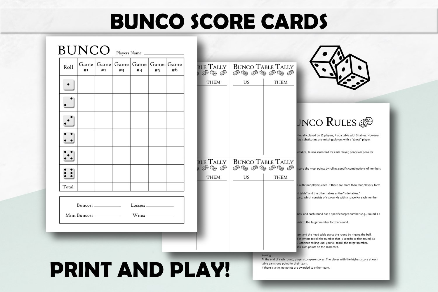 Bunco Score Cards, Bunco Tally Sheets, Game Night Rules in Free Printable Bunco Table Cards