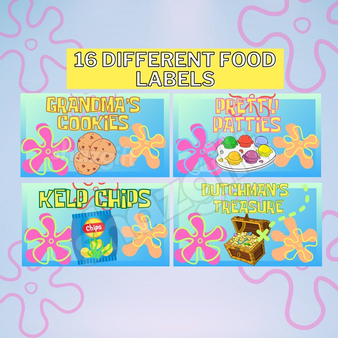 Cartoon Under The Sea 16 Food Tent Labels Dessert Birthday Party inside Spongebob Labels Free Printables