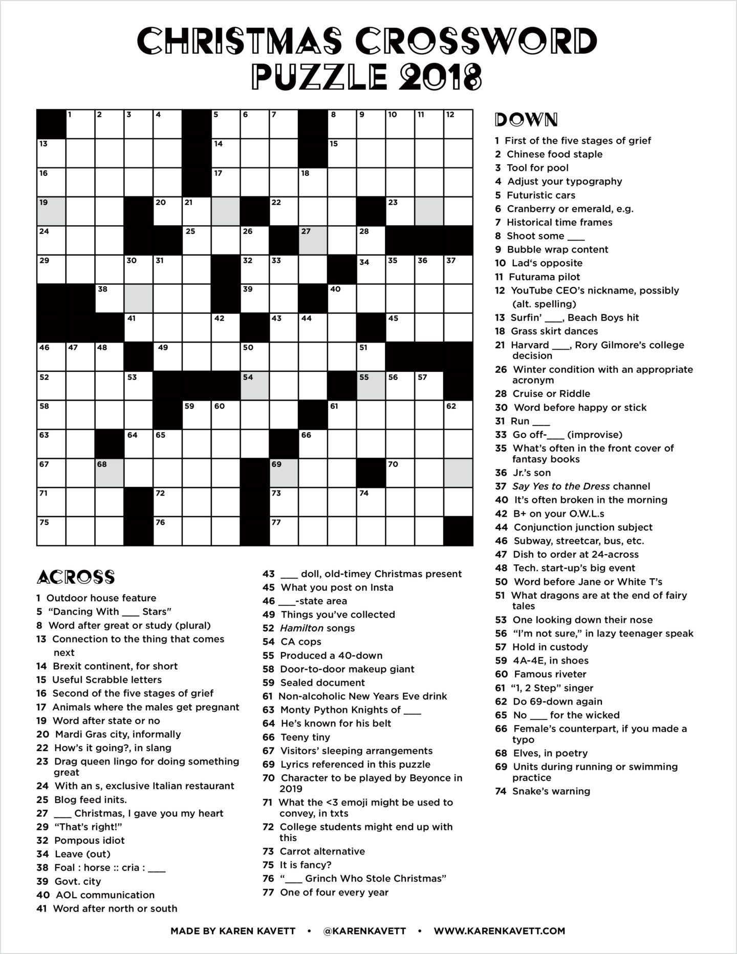 Christmas Crossword Puzzle 2018 - Karen Kavett with regard to Printable Christmas Crossword Puzzles For Adults with Answers