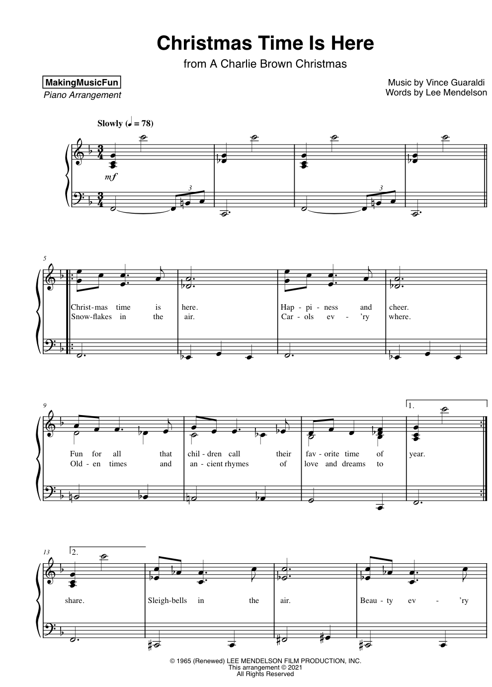 Christmas Time Is Here (Charlie Brown) | Easy Piano Sheet Music pertaining to Easy Sheet Music For Piano Free Printable