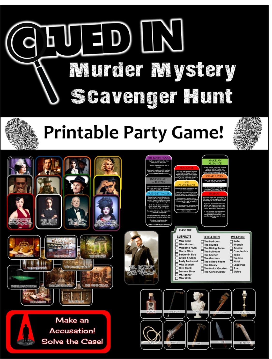 Clued-In Murder Mystery Scavenger Hunt - Printable Party Game within Free Printable Murder Mystery Games