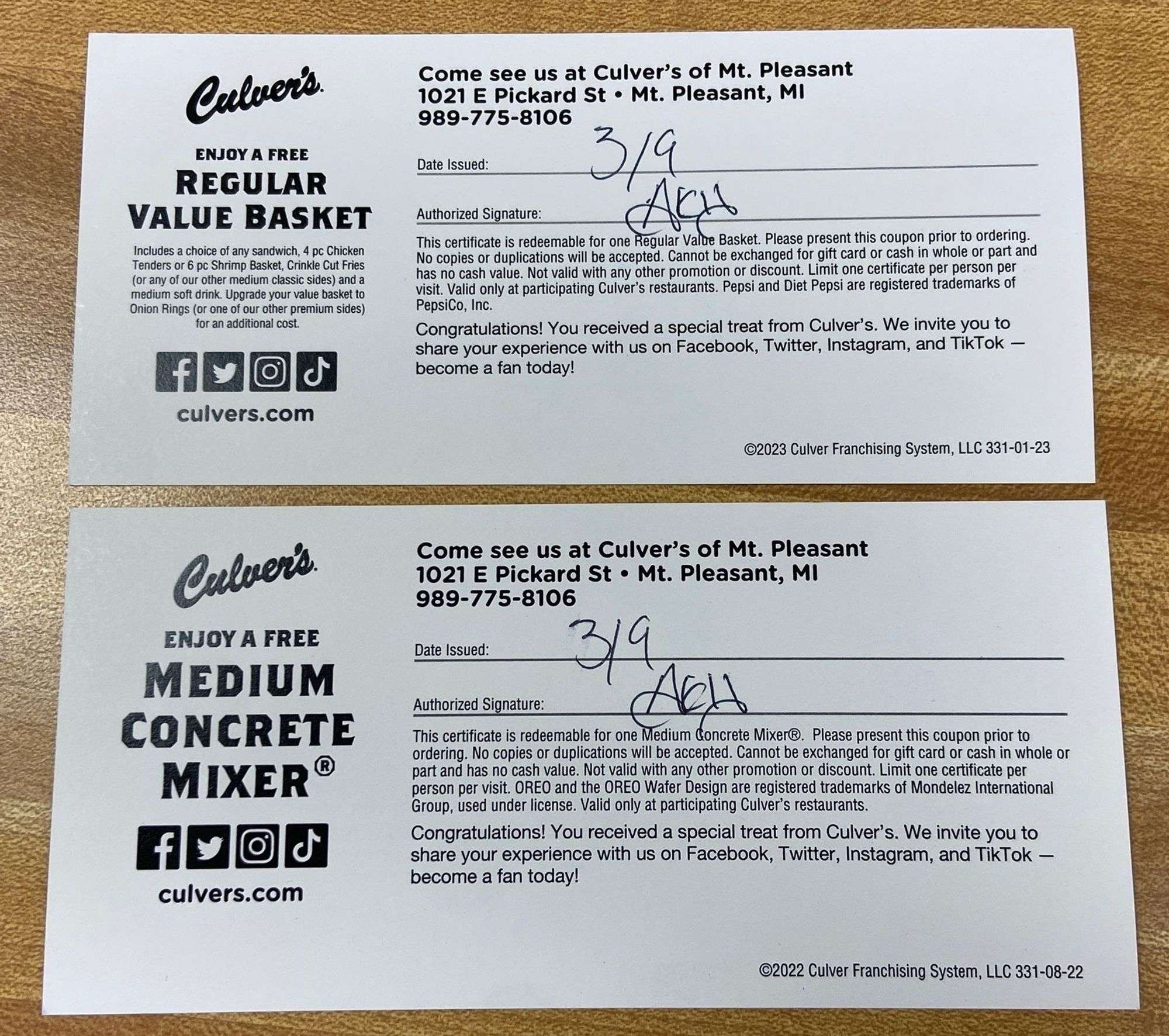 Culver&amp;#039;S Gift Certificates -Mt.pleasant - Sherwood Auctions throughout Culver&amp;#039;S Free Value Basket Coupon Printable