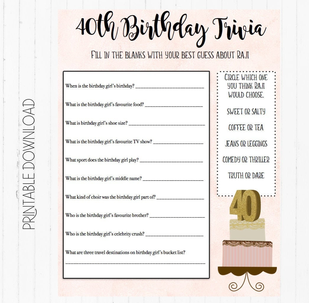 Custom 40Th Birthday Trivia Game Instant Download Birthday Trivia for 40th Birthday Games Free Printable