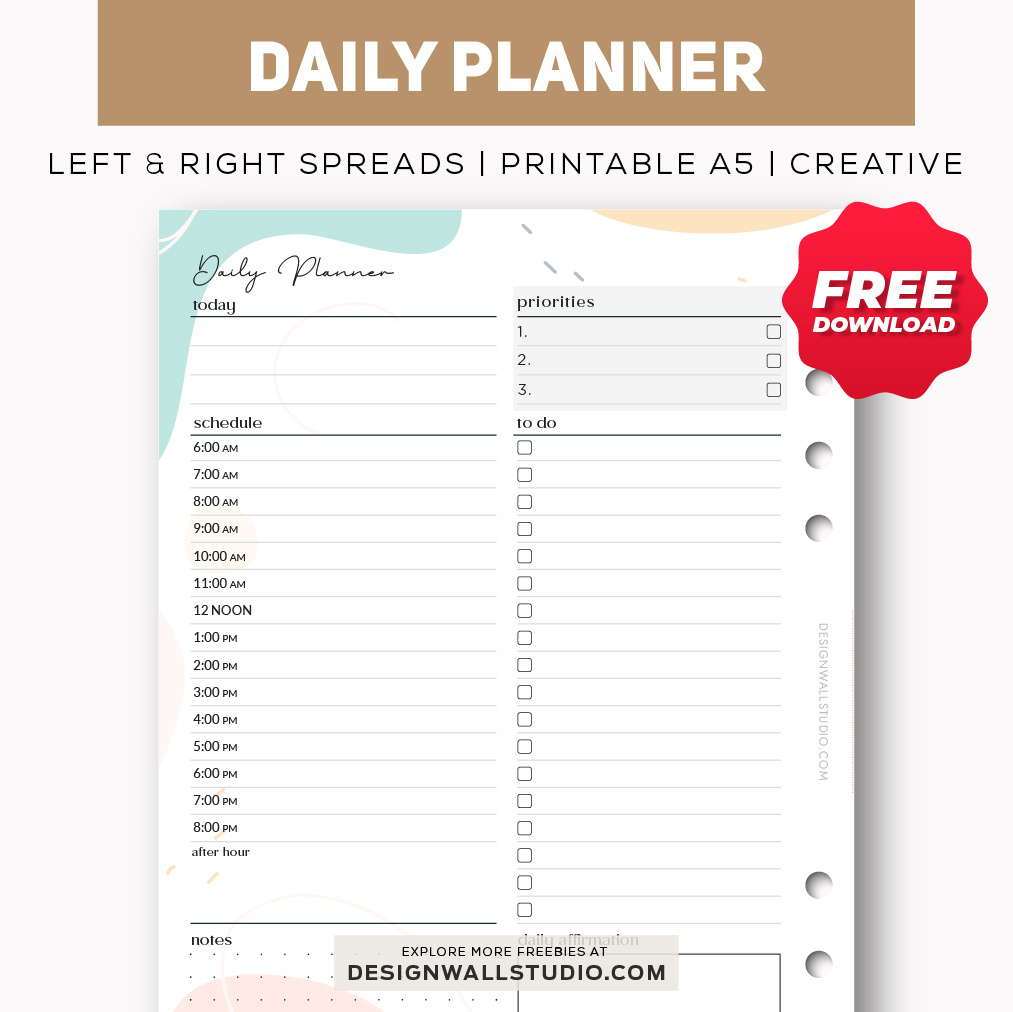 Daily Planner - Printable Insert (A5) – Free Pdf Download | Two Page Layout | 3 Versions for Free Planner Printables A5