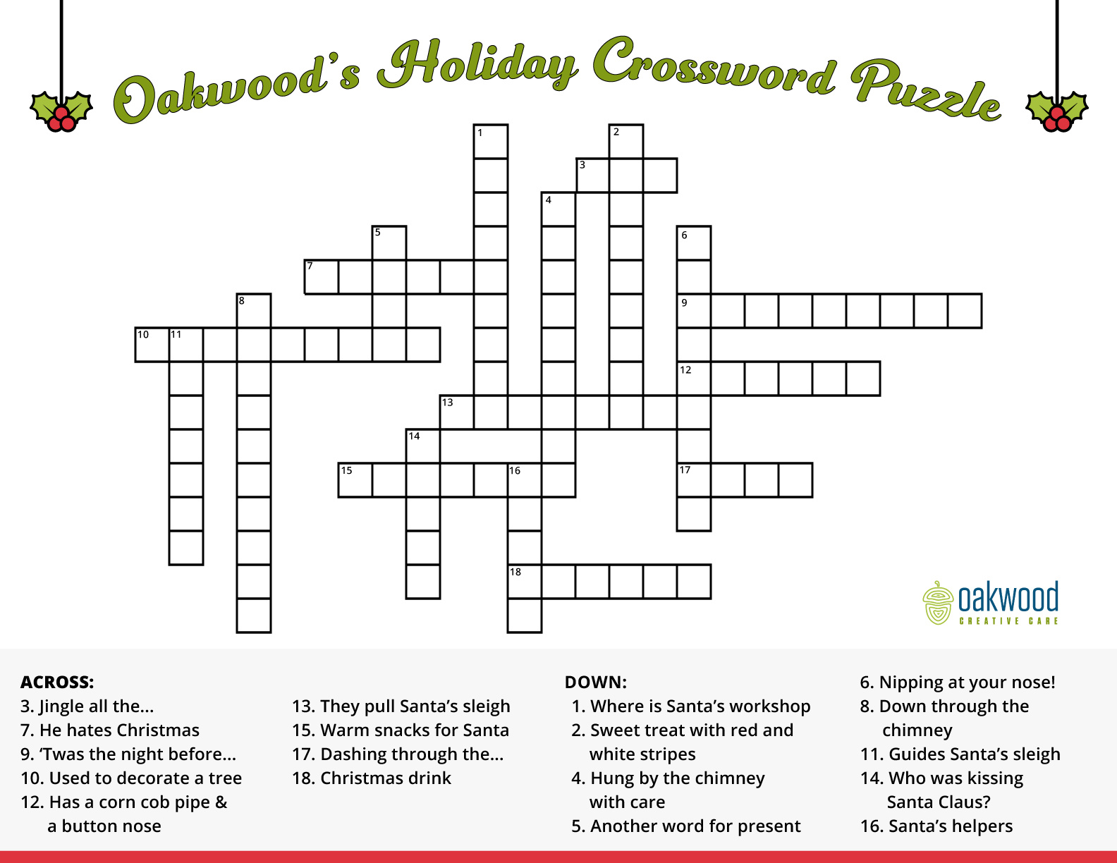 Dementia-Friendly Holiday Crossword Puzzle : Oakwood Creative Care with Holiday Crossword Puzzle Printable