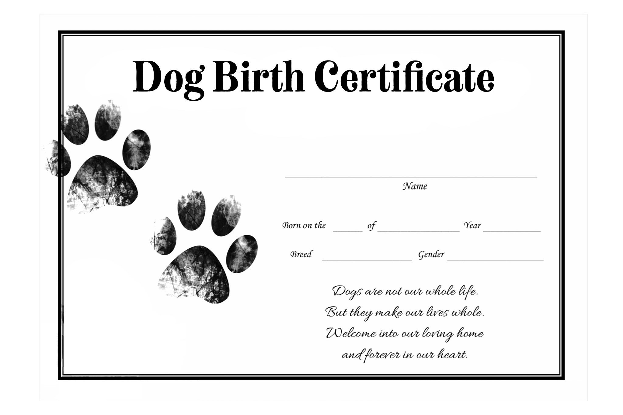 Dog Birth Certificate For Girl Or Boy Puppy Gender Neutral intended for Free Printable Puppy Birth Certificate