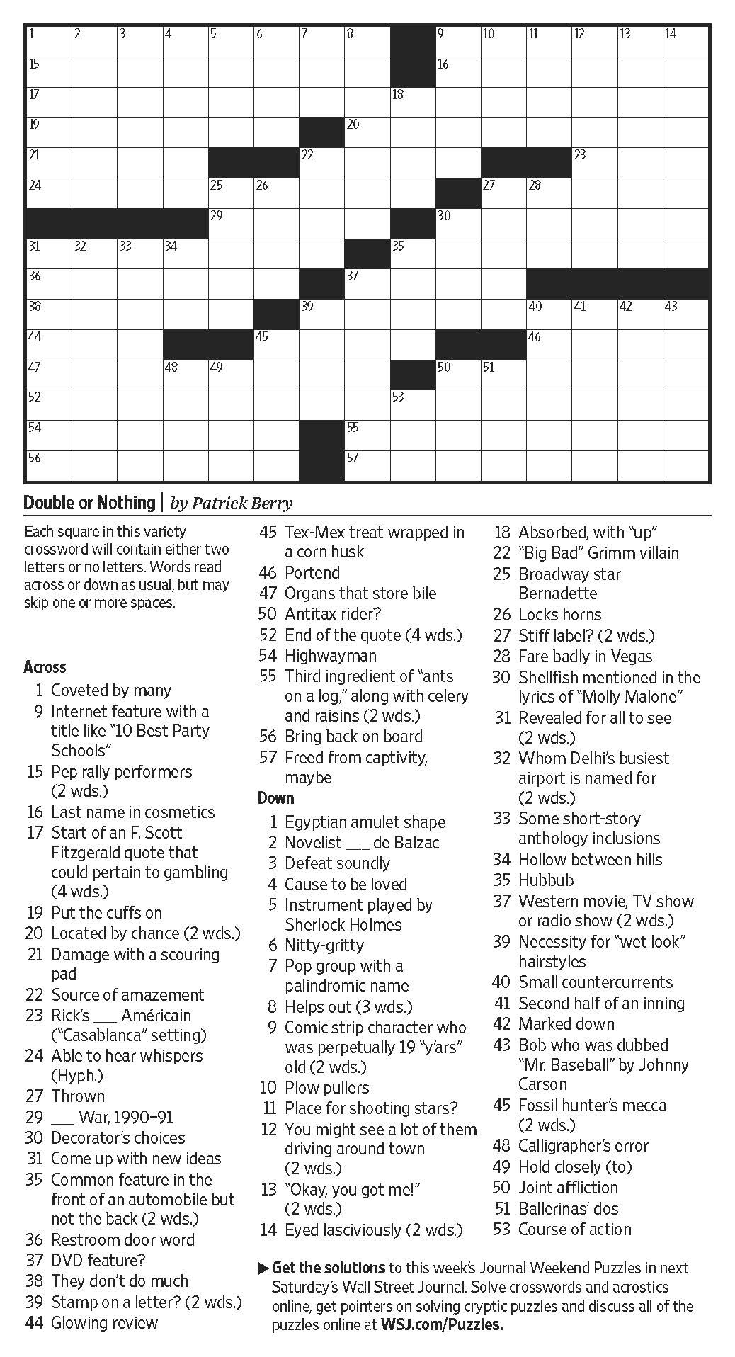 Double Or Nothing (Saturday Puzzle) - Wsj inside Wall Street Journal Crossword Printable