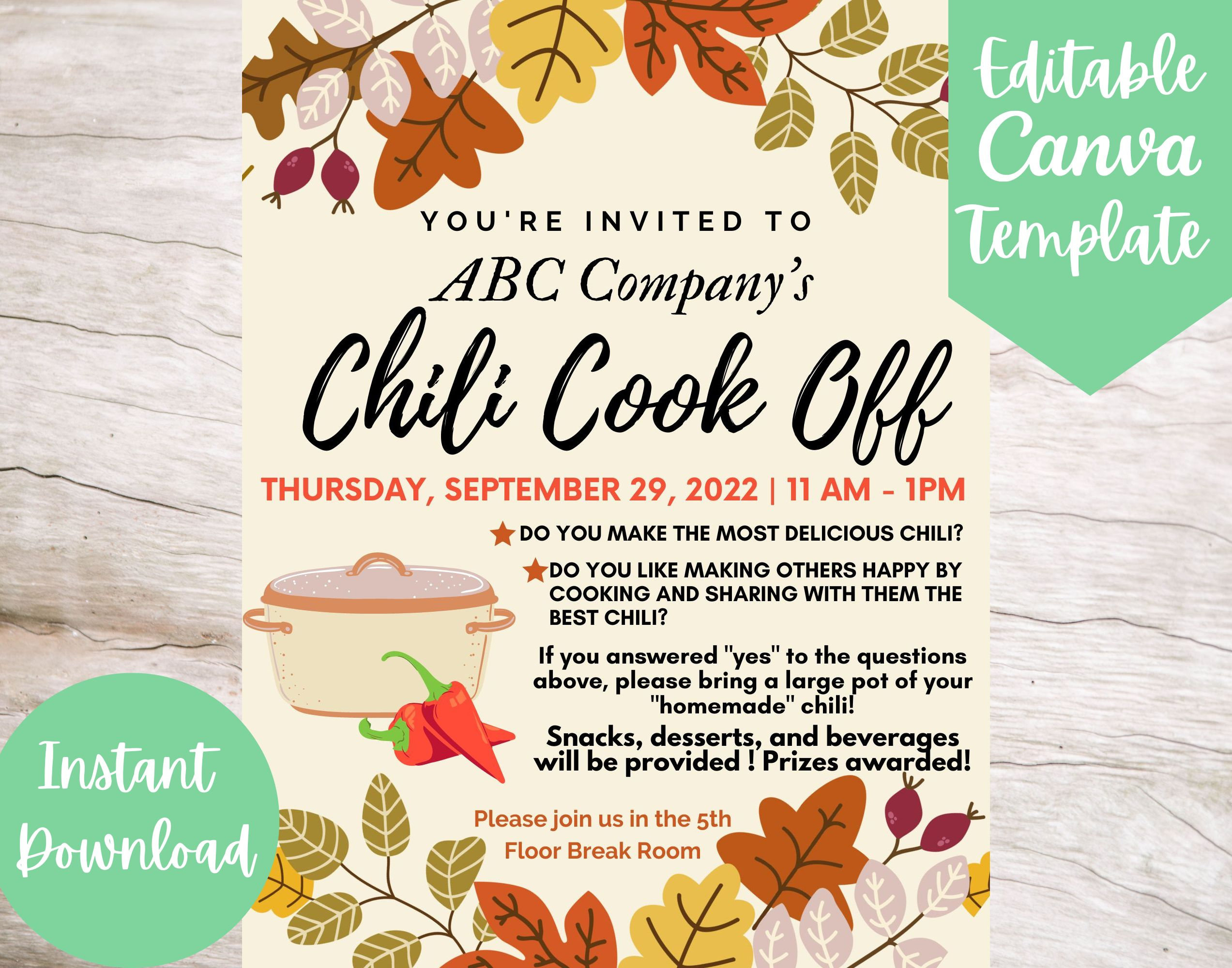 Editable And Printable Office Chili Cook Off Invitation Flyer intended for Printable Chili Cook Off Flyer Template Free