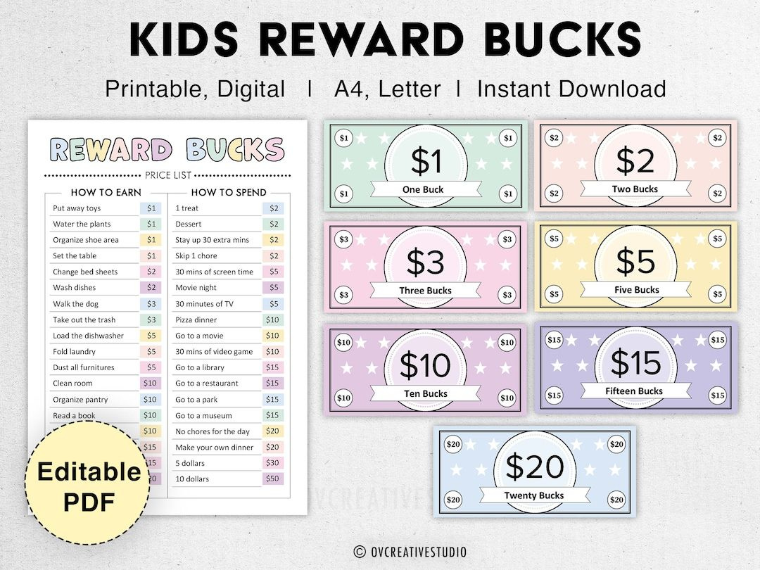 Editable Kids Reward Bucks Printable Mom Bucks, Pdf Reward System pertaining to Free Printable Chore Bucks