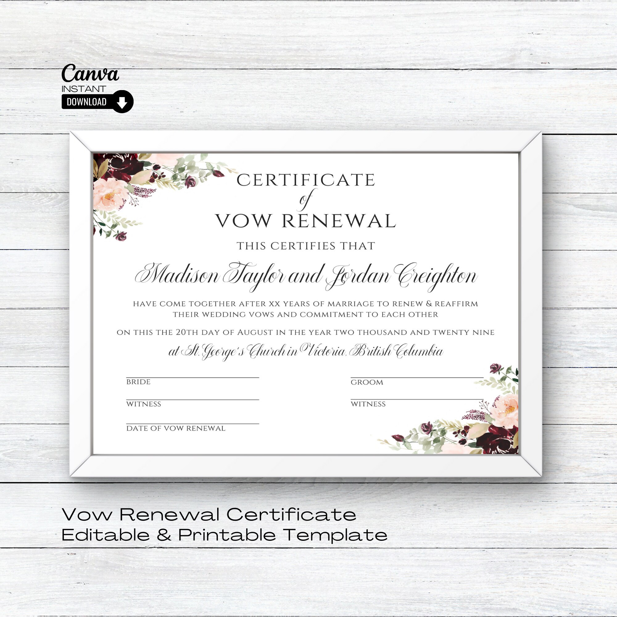 Editable Vow Renewal Certificate, Printable Wedding Certificate for Free Printable Renewal Of Vows Certificate