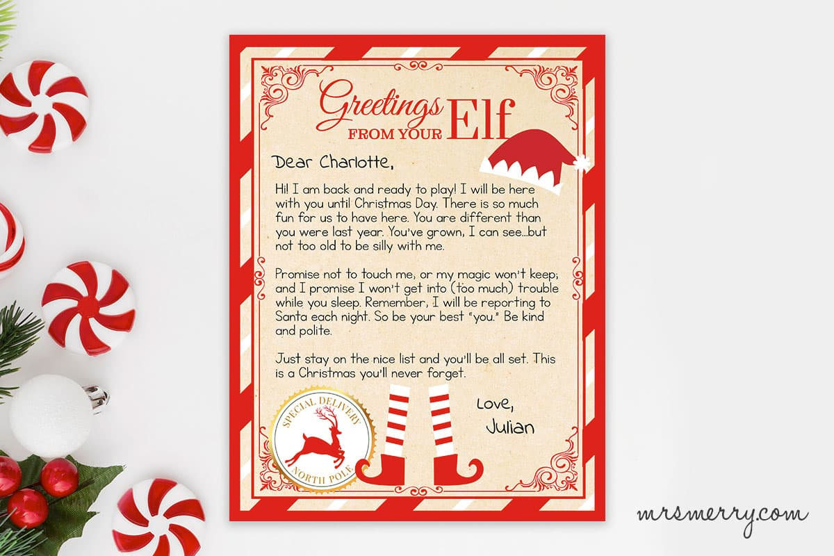 Elf On The Shelf Arrival Letter Personalized Printable | Mrs. Merry for Free Printable Template Elf on the Shelf Welcome Letter