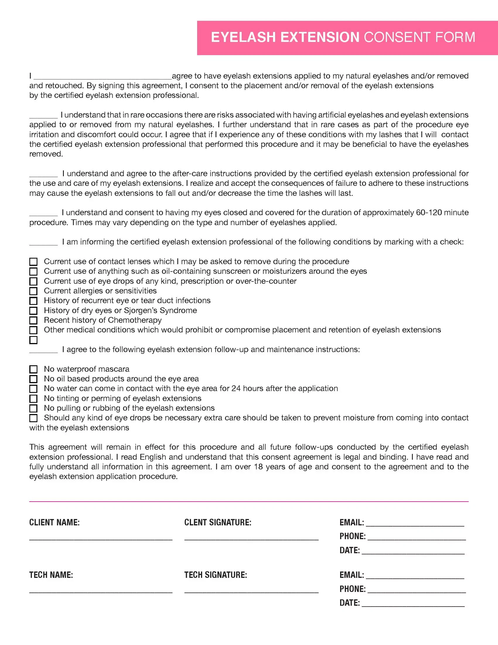 Eyelash Extension Consent Form (Waiver And Release Template) regarding Free Printable Eyelash Extension Waiver Form