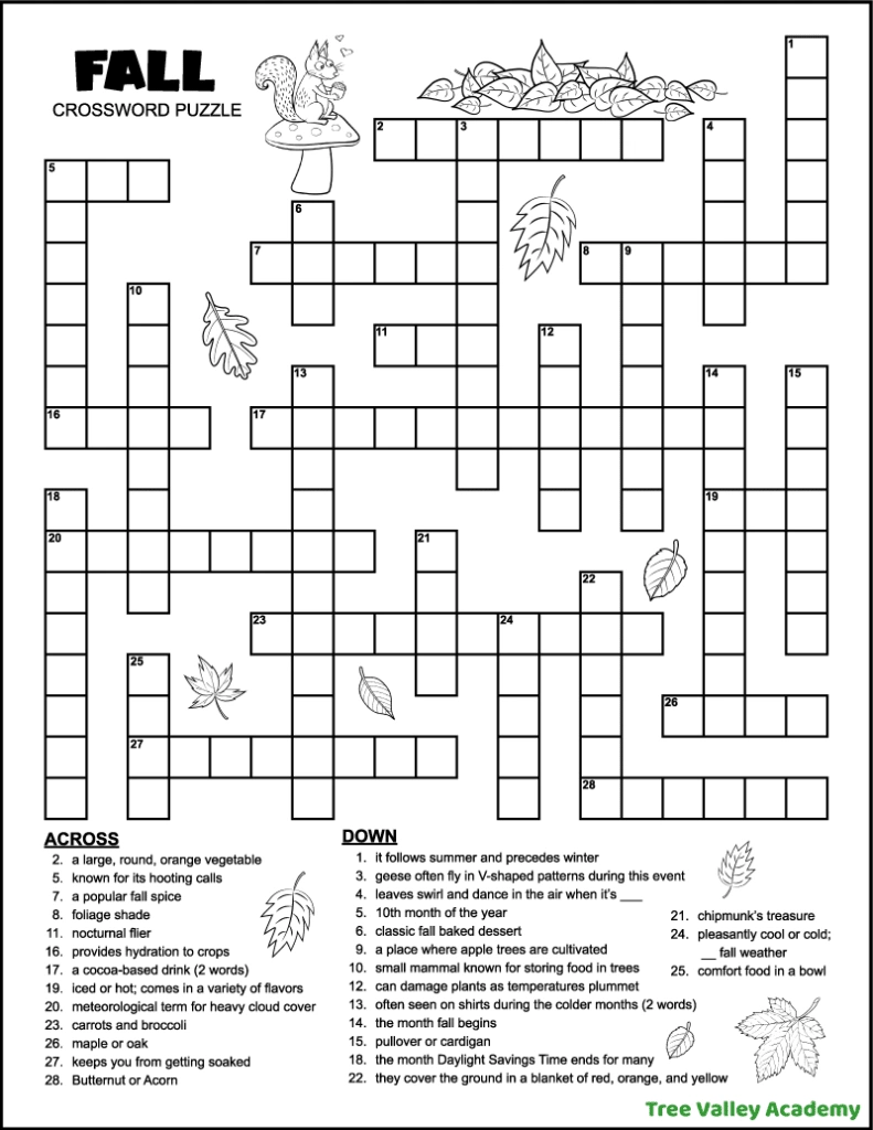 Fall Crossword Puzzle For Middle School - Tree Valley Academy with Crossword Puzzles Printable