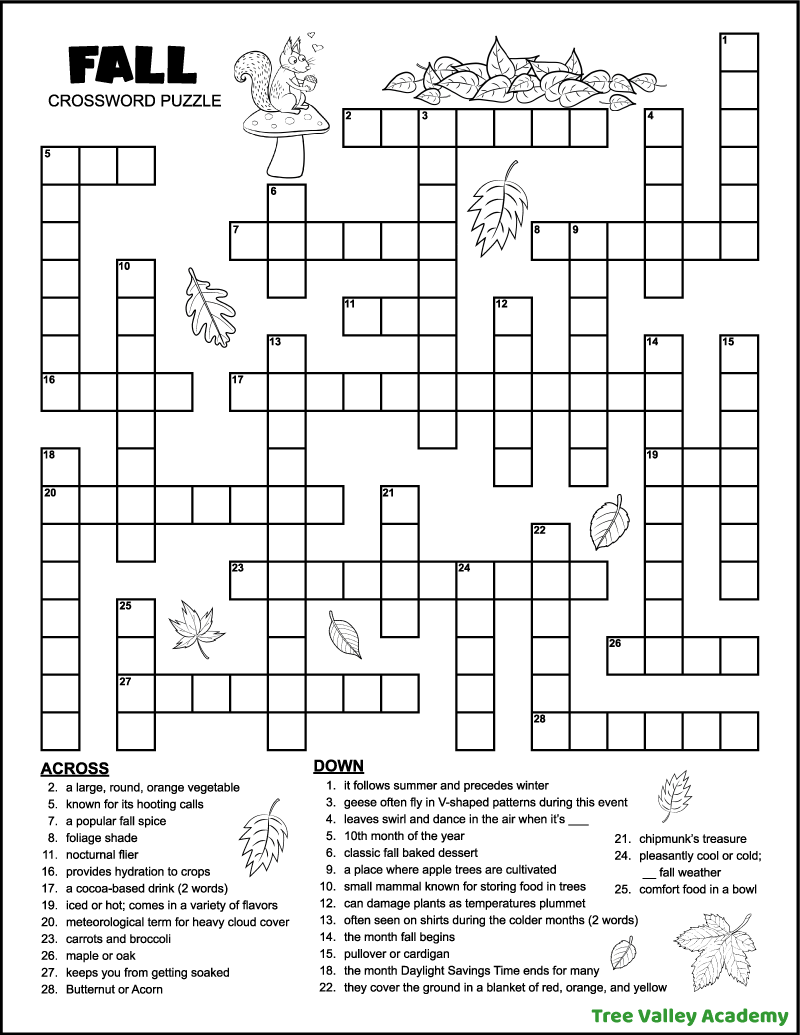 Fall Crossword Puzzle For Middle School - Tree Valley Academy with Fall Crossword Puzzle Printable