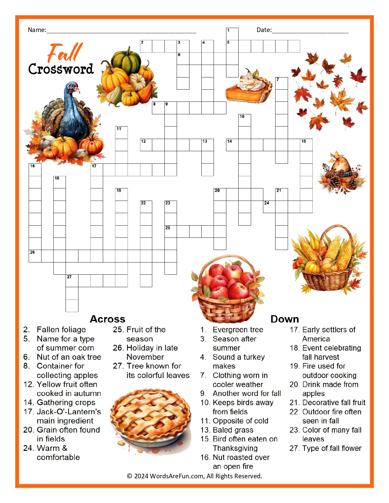 Fall Crossword Puzzle in Fall Crossword Puzzles Printable