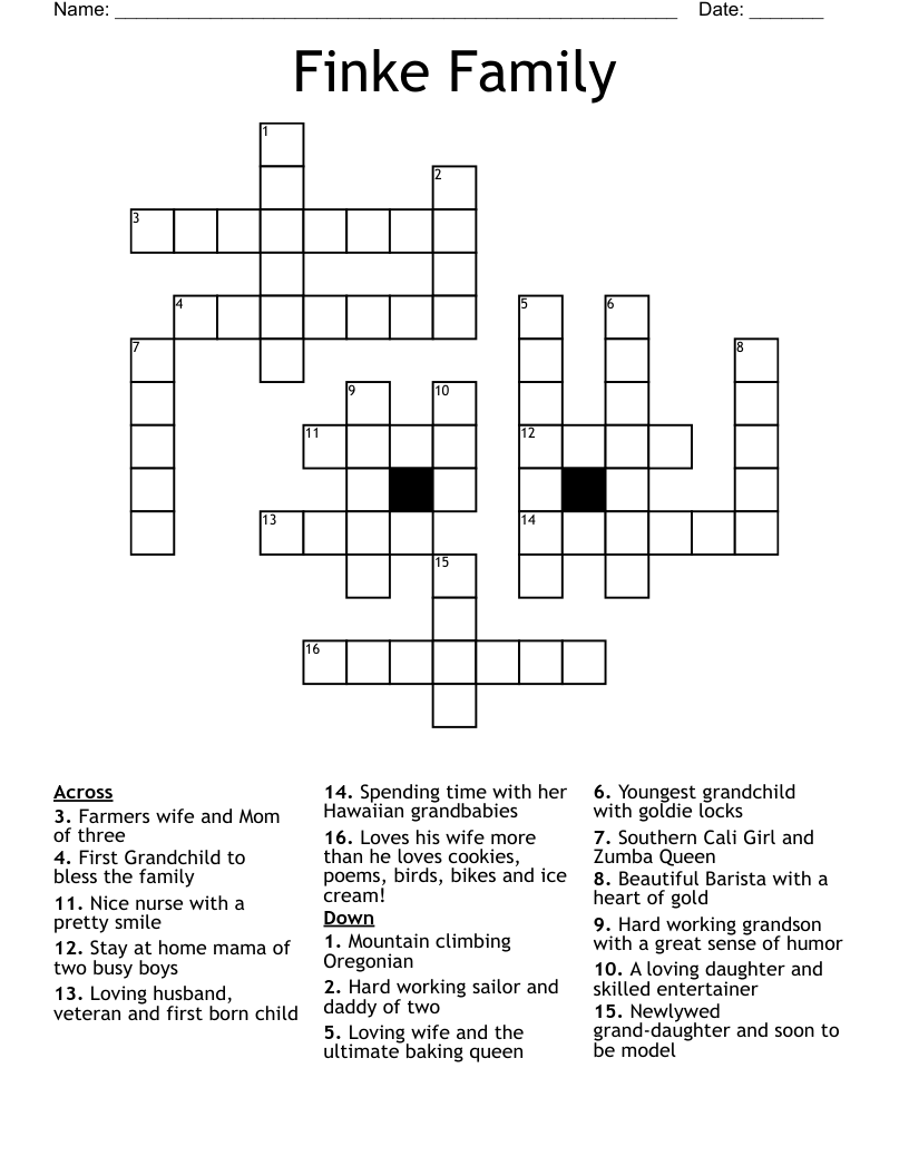 Finke Family Crossword - Wordmint intended for Oregonian Crossword Puzzle Printable