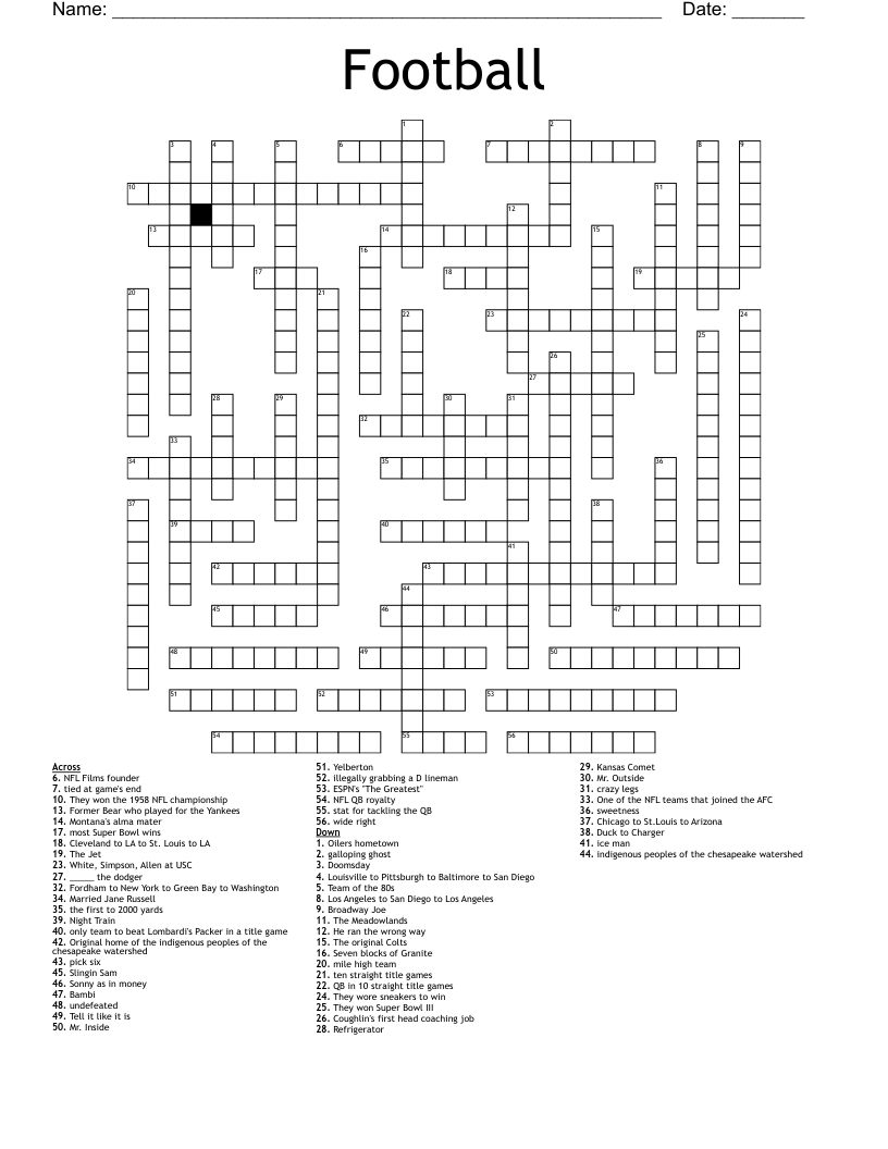 Football Crossword - Wordmint inside Football Crossword Printable