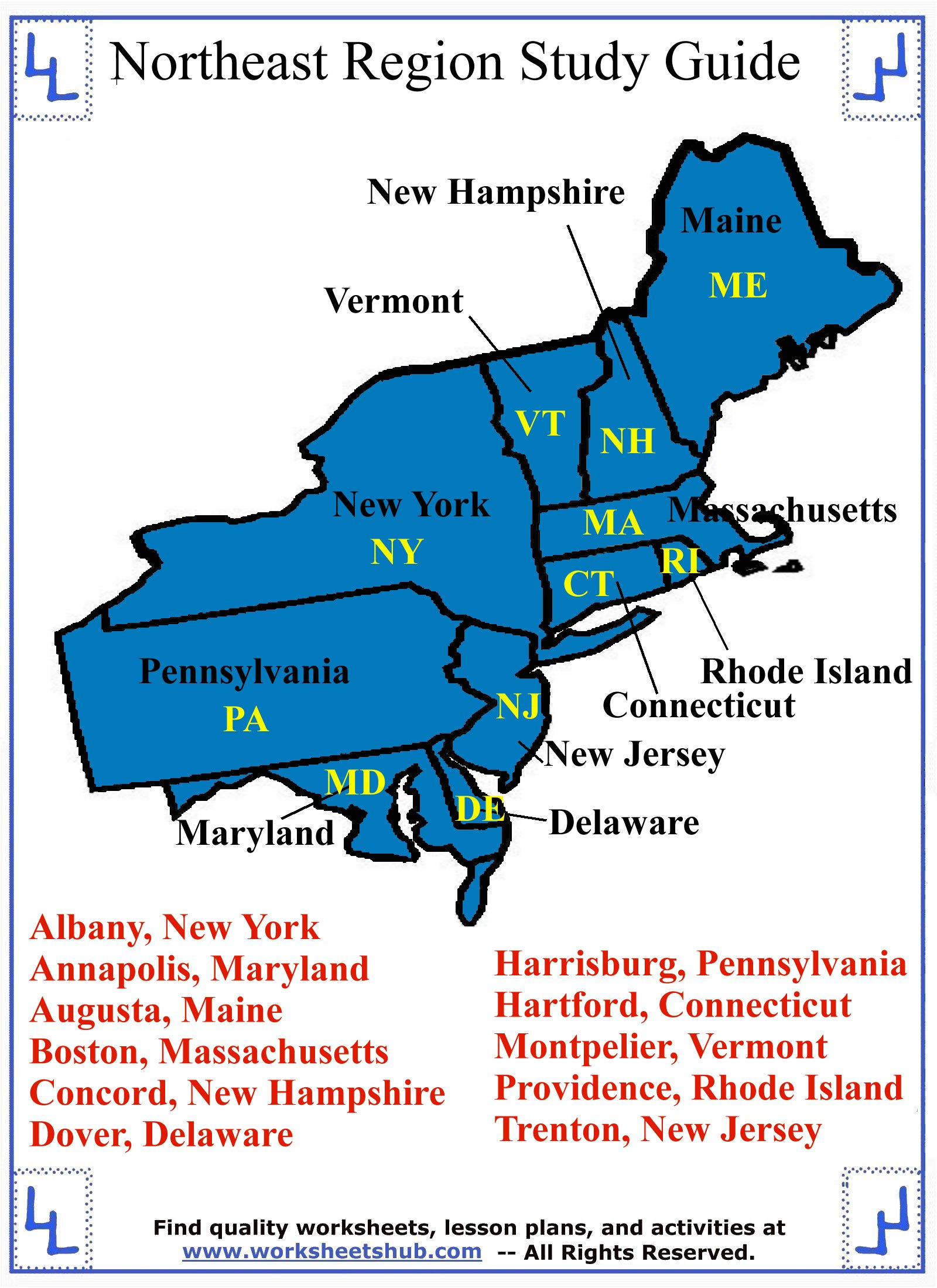 Fourth Grade Social Studies - Northeast Region States And Capitals throughout Northeast States and Capitals Quiz Free Printable