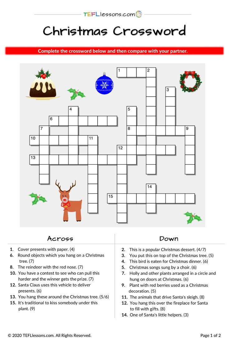 Free Christmas Crossword For Esl Classes + Fillable Version For pertaining to Esl Crossword Puzzles Printable