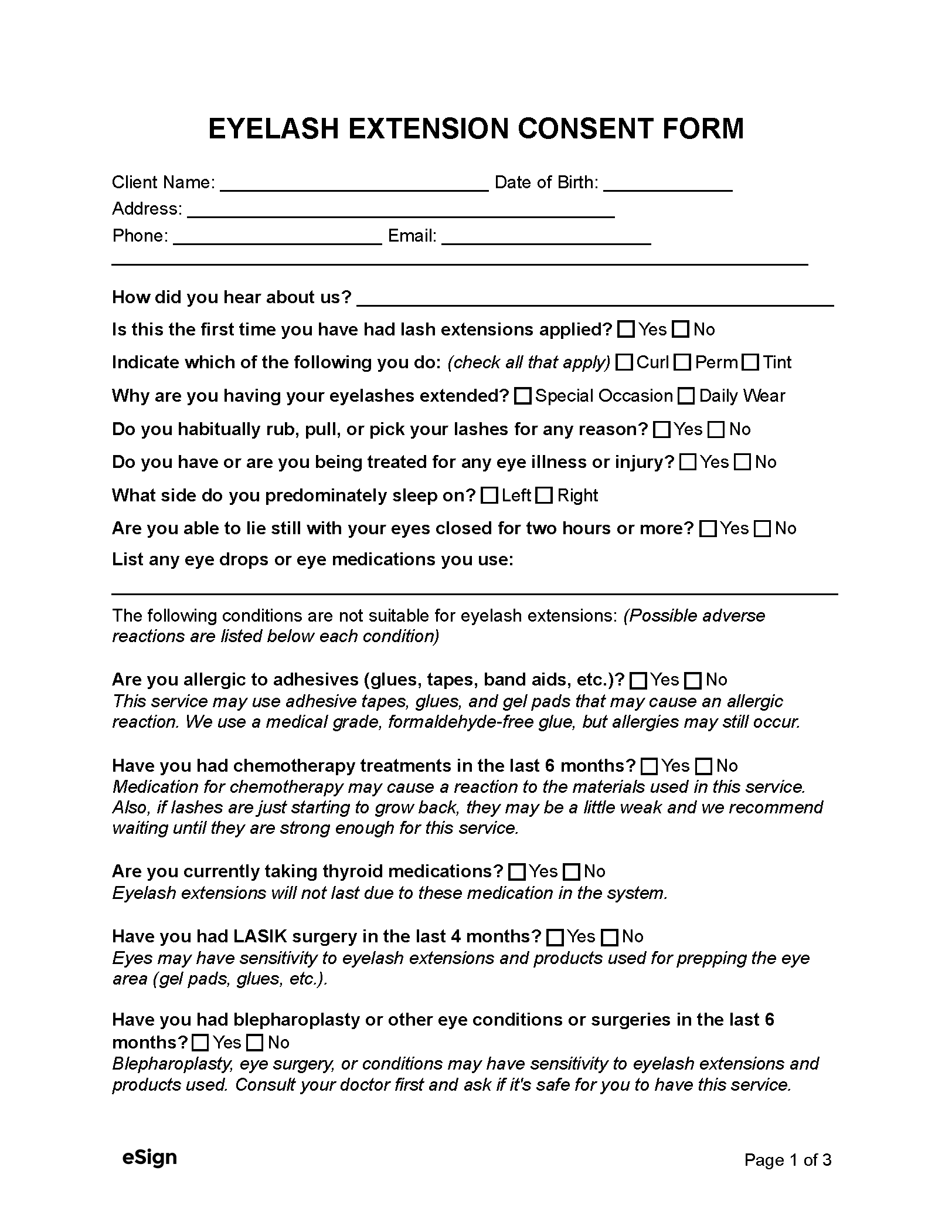 Free Eyelash Extension Consent Form | Pdf | Word intended for Free Printable Eyelash Extension Waiver Form