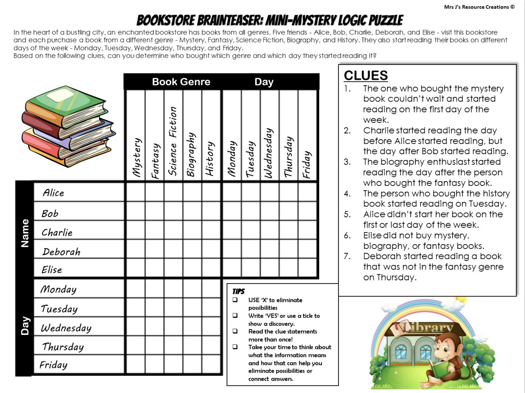 Free Mystery Logic Puzzle For Book Week - Top-Rated Teaching inside Free Printable Logic Puzzles With Grids