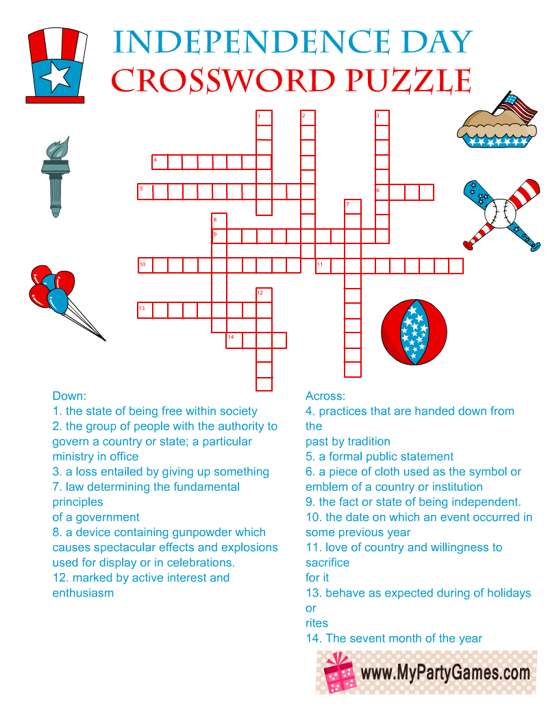 Free Printable 4Th Of July Crossword Puzzle With Answer Key inside 4Th July Crossword Puzzle Printables