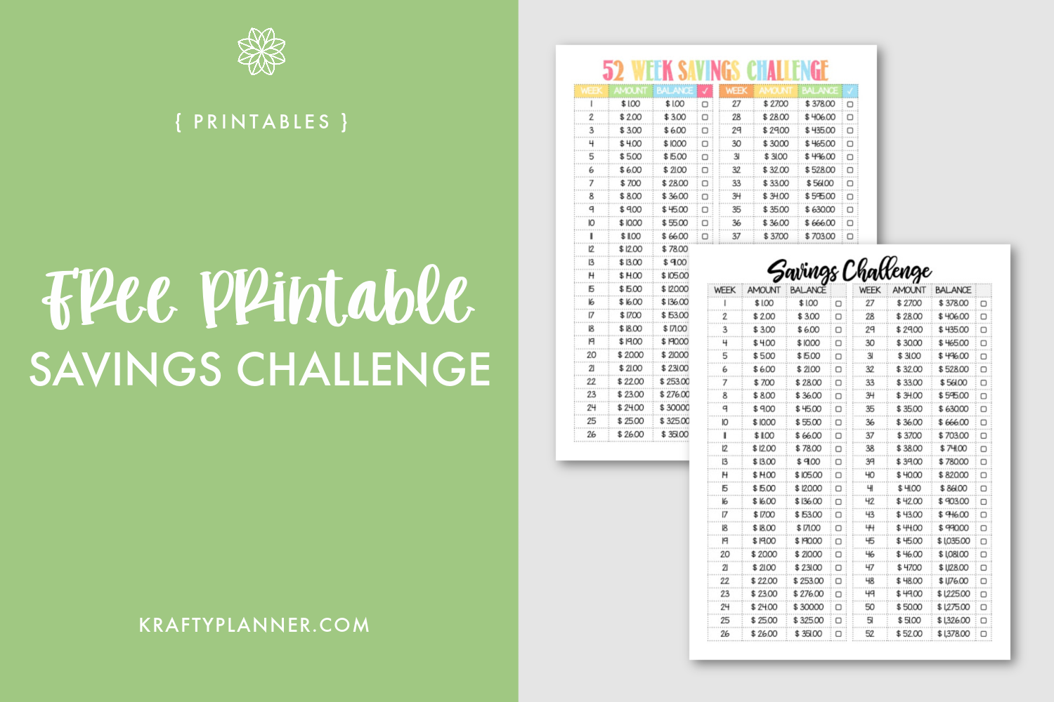 Free Printable 52 Week Savings Challenge — Krafty Planner inside Savings Challenges Free Printable