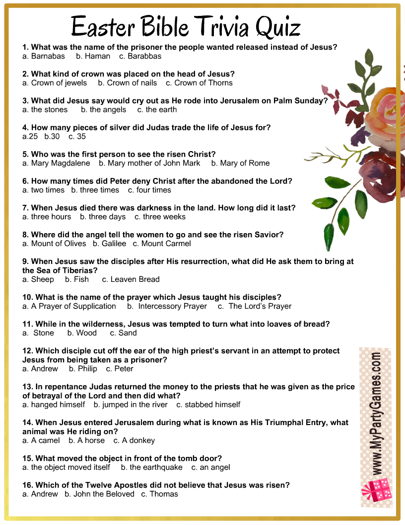 Free Printable Easter Bible Trivia Quiz With Answer Key in Free Printable Bible Trivia