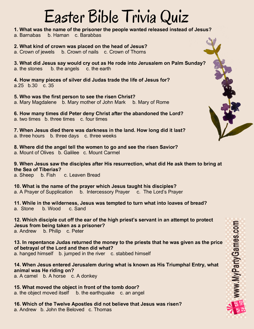 Free Printable Easter Bible Trivia Quiz With Answer Key inside Free Printable Bible Trivia Questions And Answers