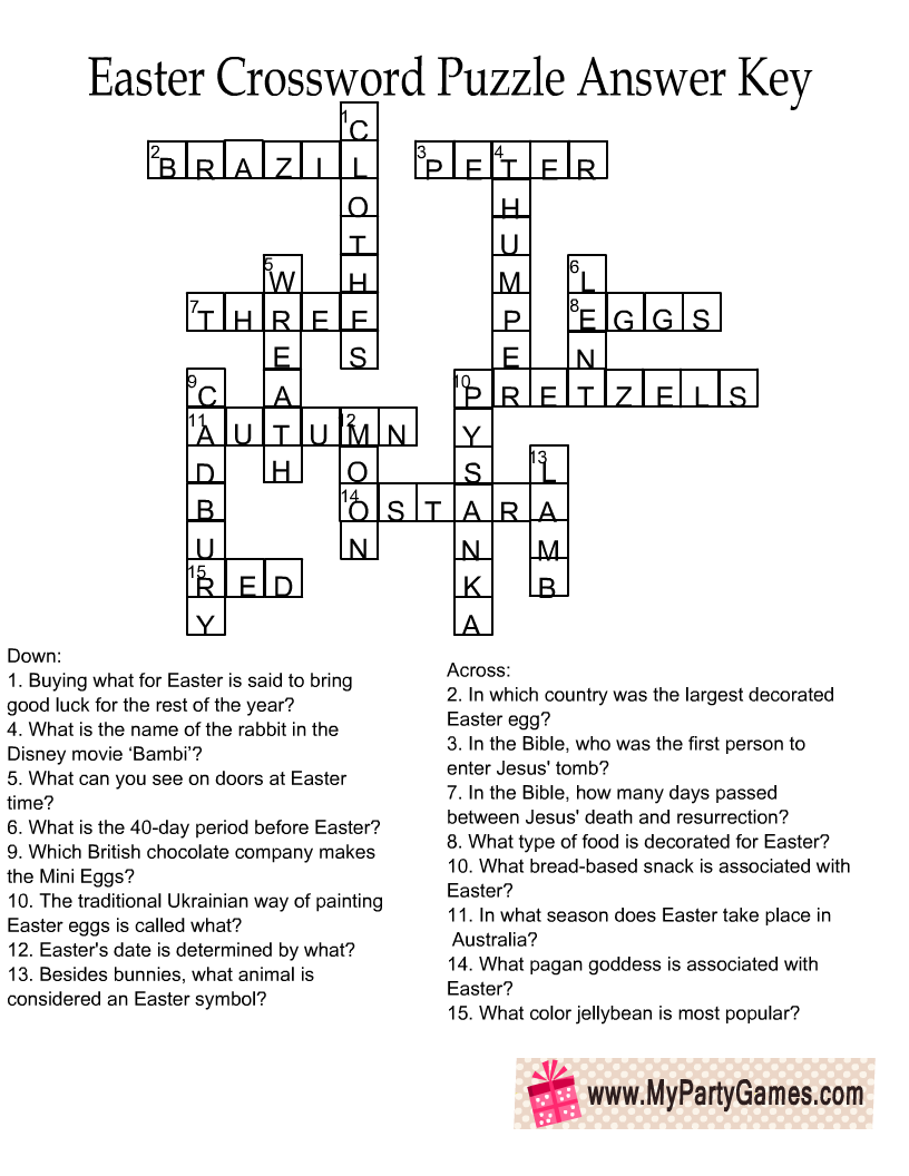 Free Printable Easter Crossword Puzzle With Key in Free Printable Easter Crossword Puzzles For Adults