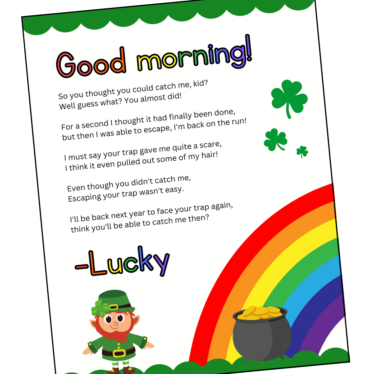 Free Printable Leprechaun Letter To Child with Free Printable Leprechaun Trap Notes